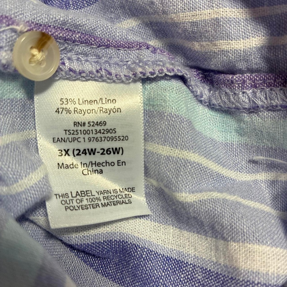 Terra & Sky Women's 3X Linen blend blue and purple striped button up shirt - Picture 4 of 5